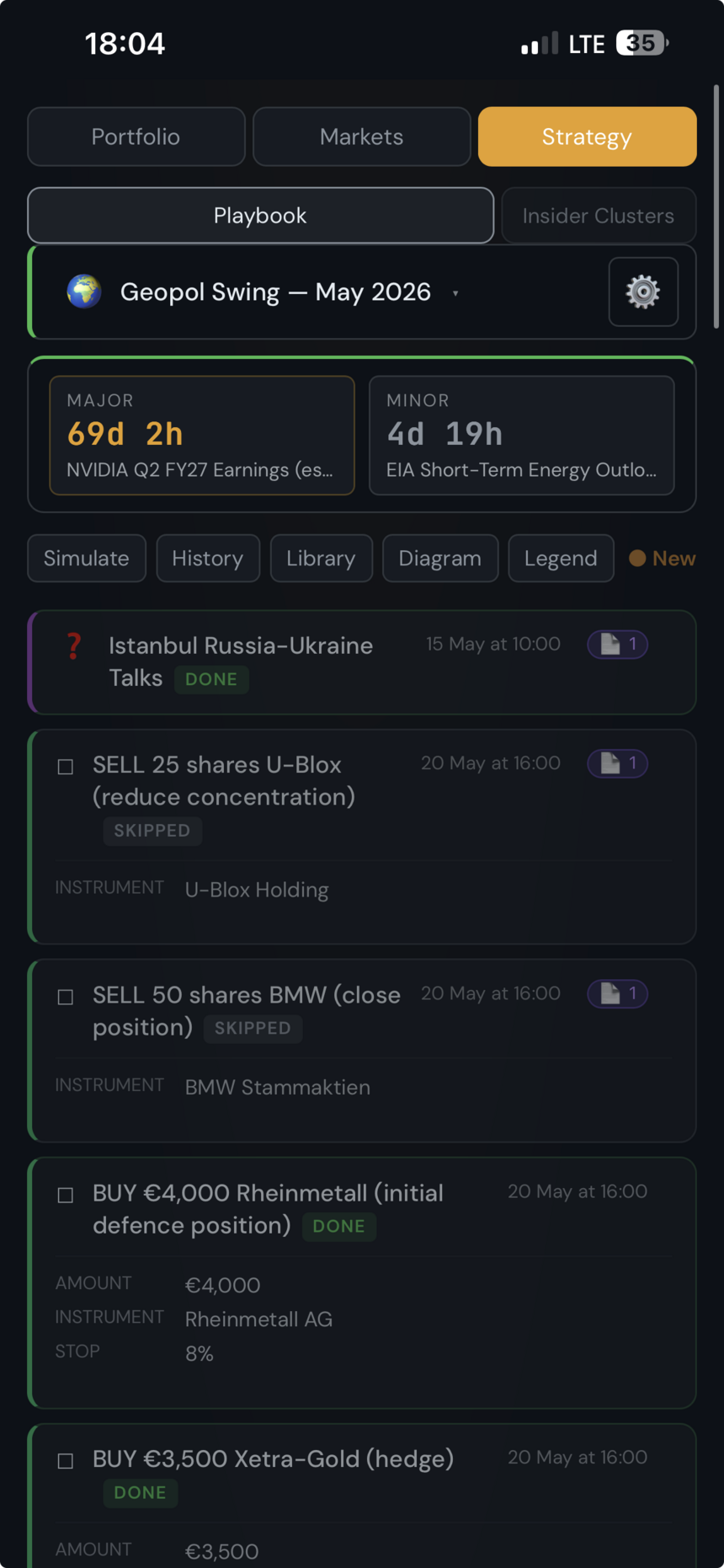 Trade Mate playbook — a live strategy timeline with countdowns to the next catalysts and trade nodes marked done or skipped